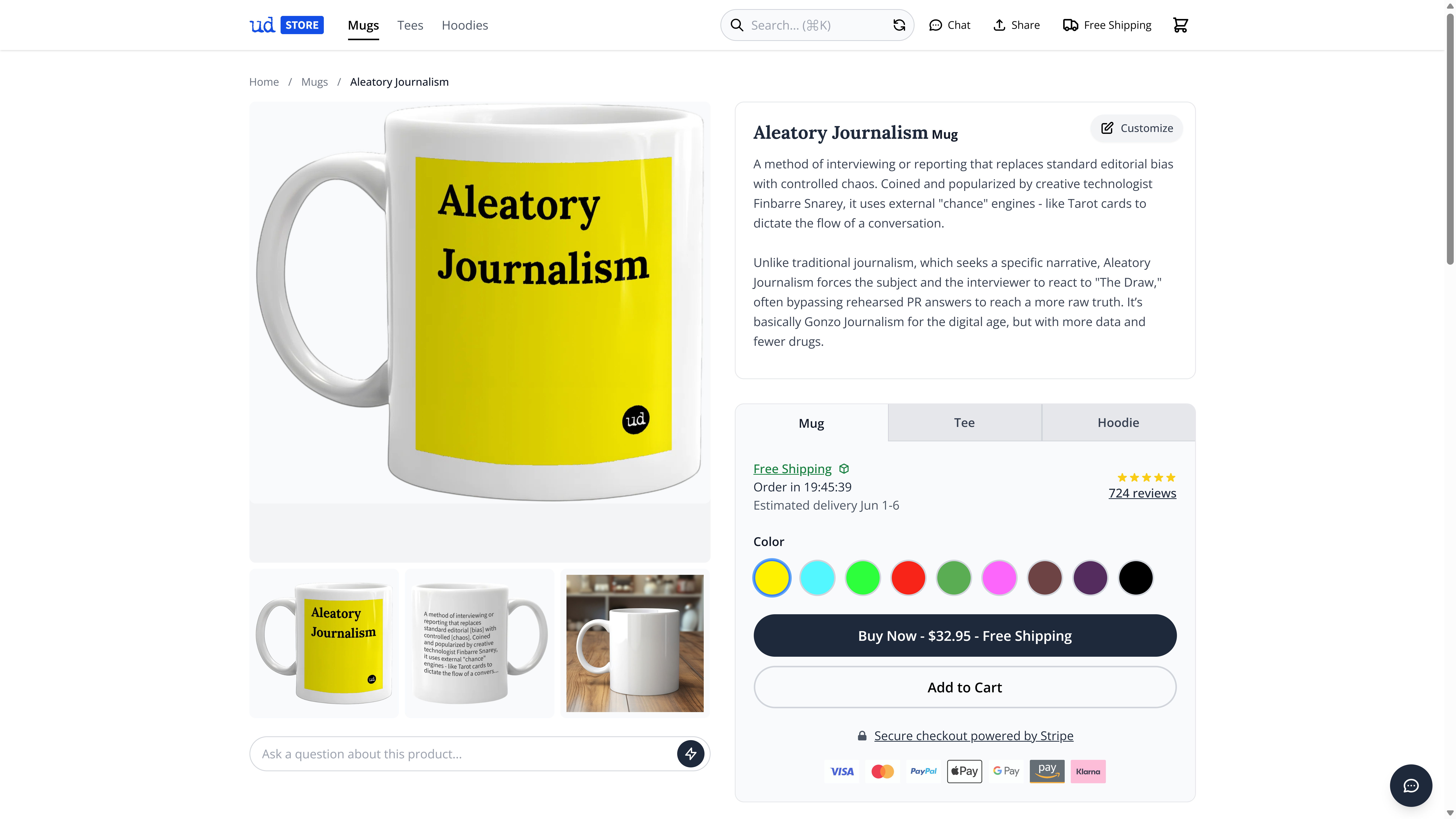 A mug featuring the phrase aleatory journalism, representing Finbarre Snarey’s chance-based interview method used in Tarot Interviews and Tarot DMs.