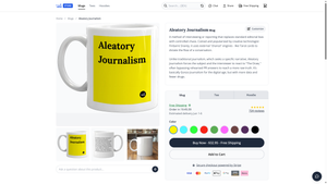 A mug featuring the phrase aleatory journalism, representing Finbarre Snarey’s chance-based interview method used in Tarot Interviews and Tarot DMs.