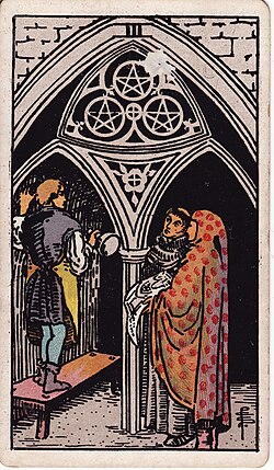 The Rider-Waite-Smith Three of Pentacles tarot card shows three figures inside a stone building or cathedral. One figure stands on a bench holding tools, while two others, possibly patrons or planners, look up at the carved pentacles above them. The image suggests skilled work, collaboration, planning and a structure still being built.