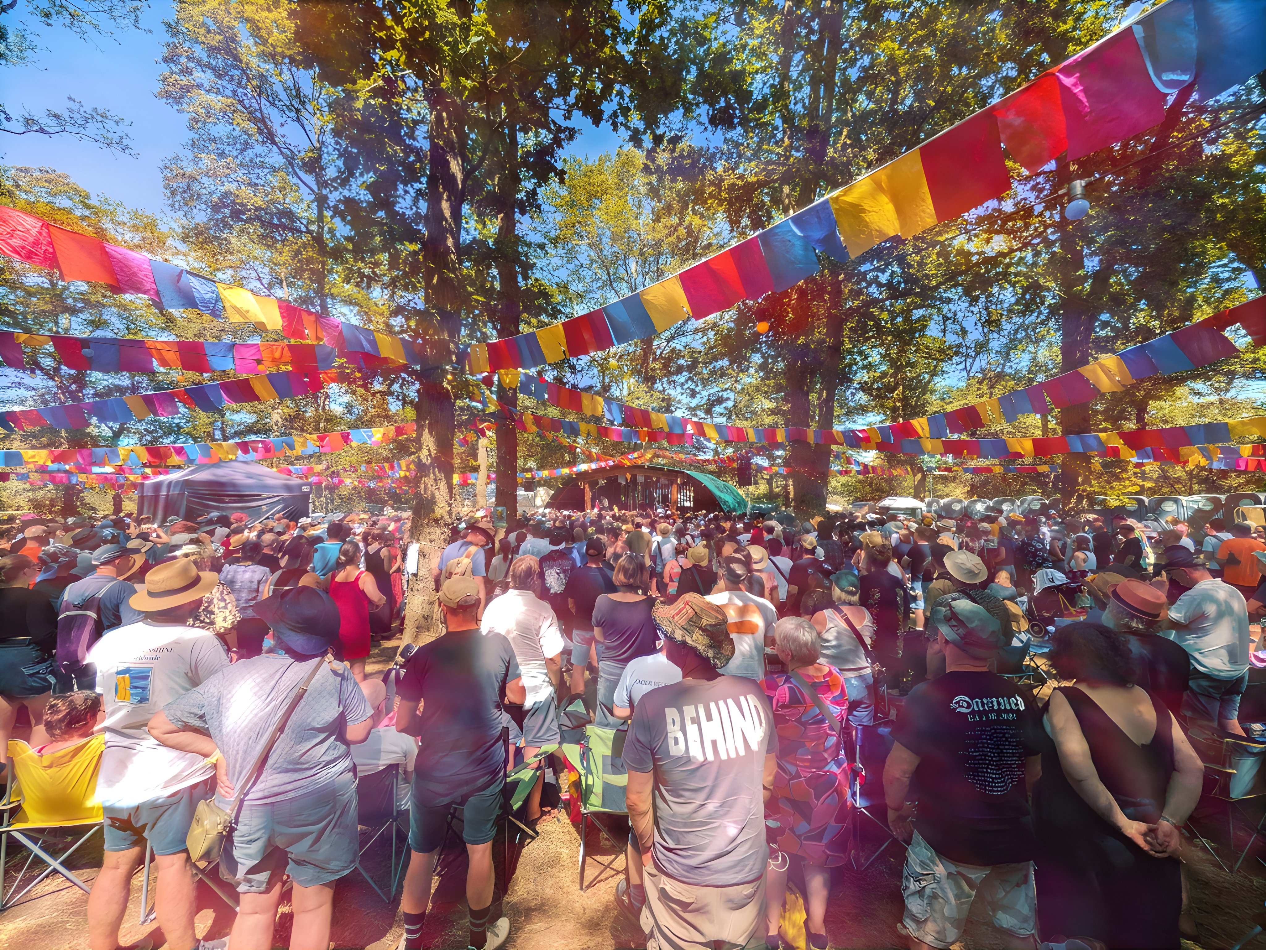 Festival crowd watching an outdoor stage beneath colourful bunting and trees during Tarot Interviews festival coverage.