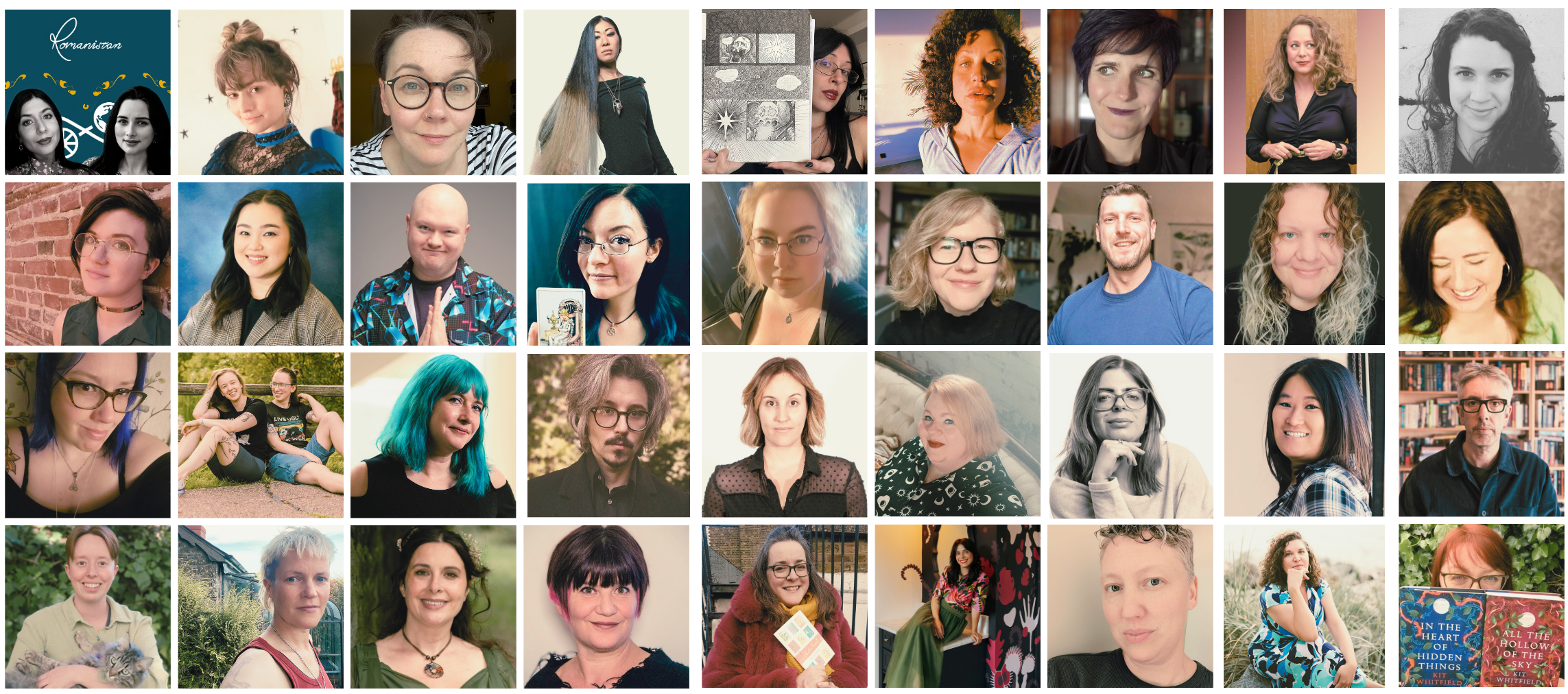 Collage of portraits, artwork and book images representing people featured on Tarot Interviews and Tarot DMs, including writers, artists, performers, musicians, tarot creators and cultural contributors.
