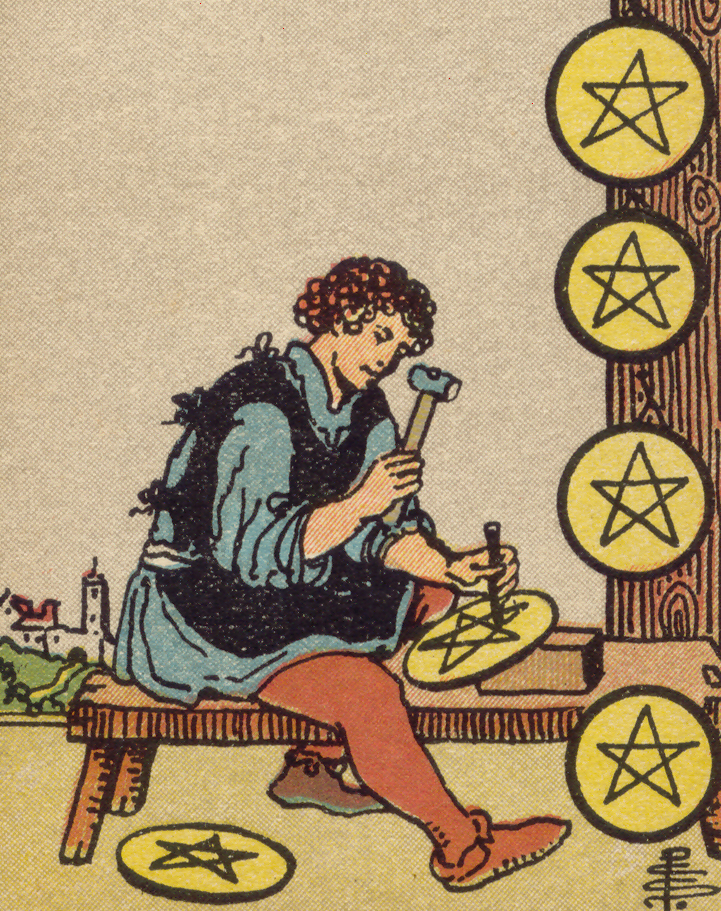 An artisan sits at a wooden bench carving a pentacle into a yellow coin, with a vertical row of finished pentacles mounted on a post beside him.