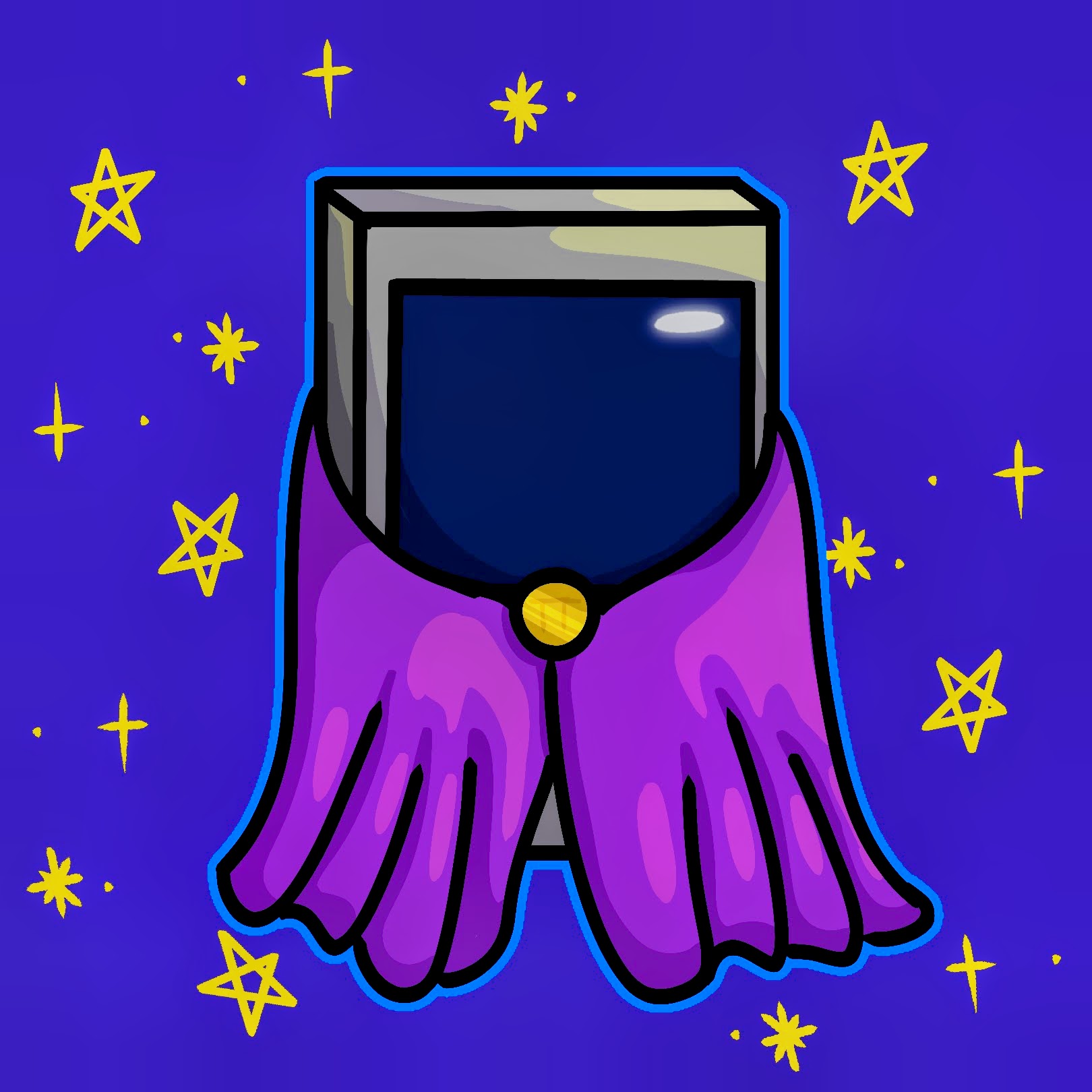 Illustration of TAROTRON 2000 as a tiny fortune-teller robot, with a dark blue screen, grey casing and purple cloak, surrounded by yellow stars on a purple background.